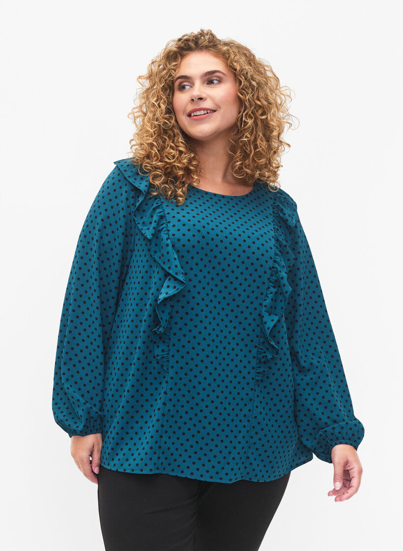 Blouse met lange mouwen en ruches, Shaded Spruce Dot, Model image number 0