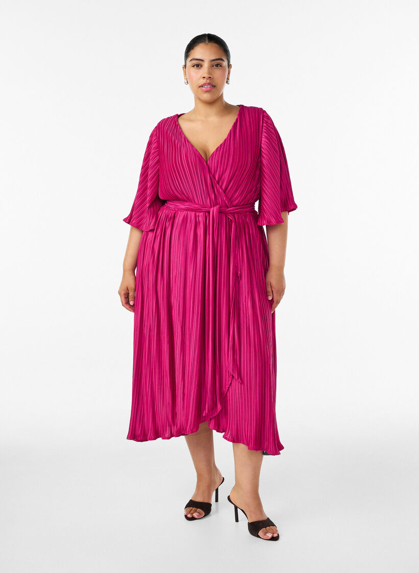 Geplooide midi-jurk met vleermuismouwen, Roze, Model image number 0