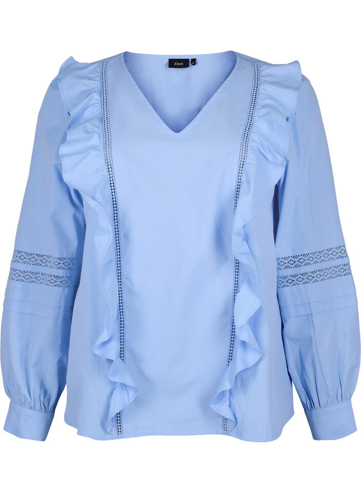Blouse met ruffels en veters, Blauw, Packshot image number 0