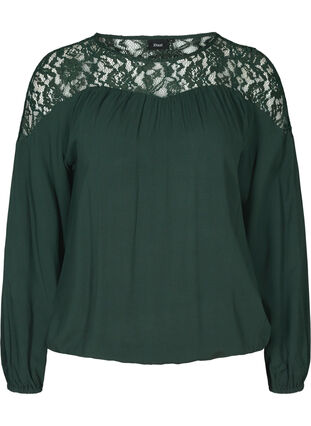 Viscose blouse met lange mouwen en kant, Darkest Spruce, Packshot image number 0