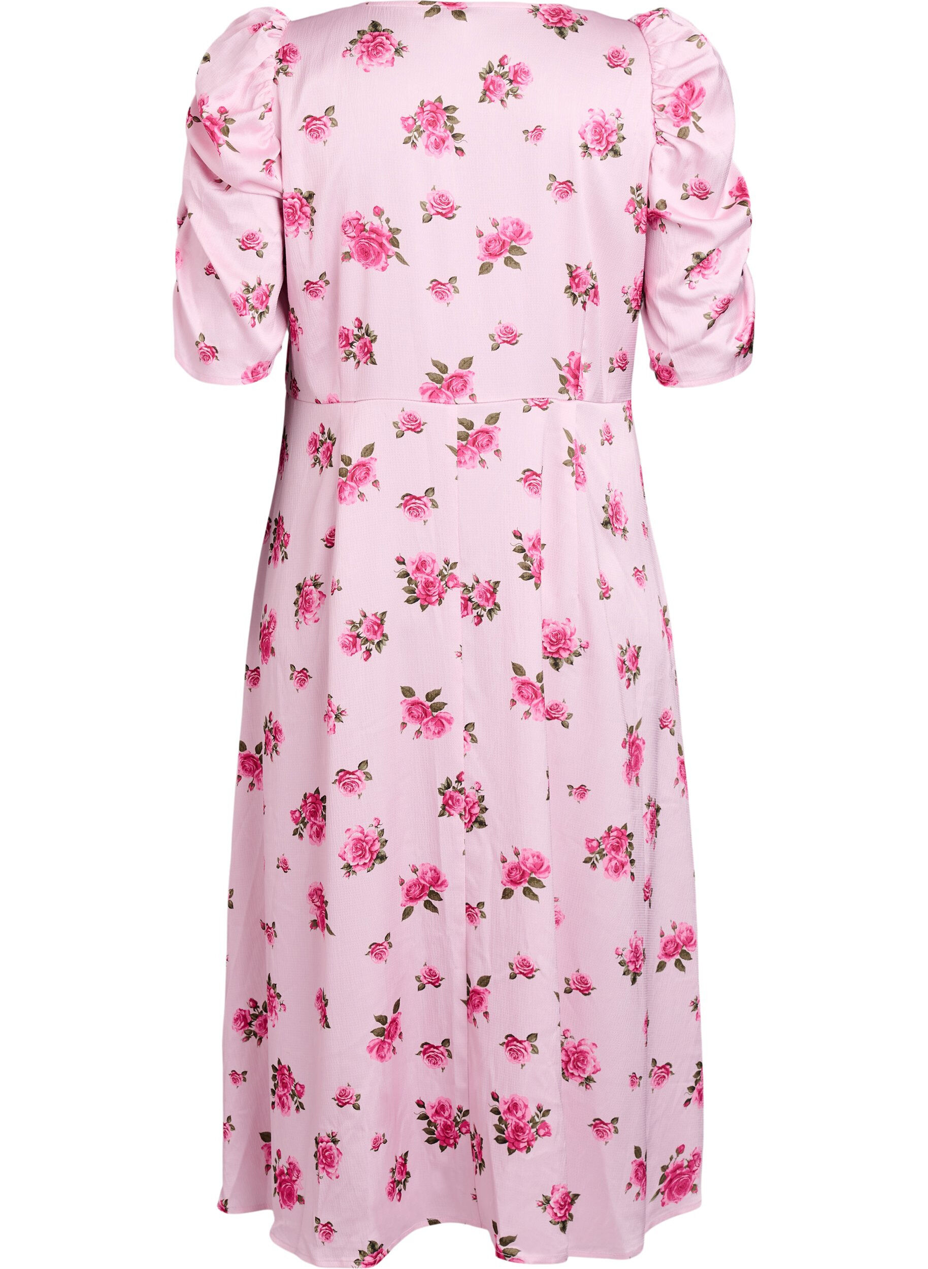 ZizziMidi-jurk met bloemen en pofmouwen, Roze, Packshot image number 1