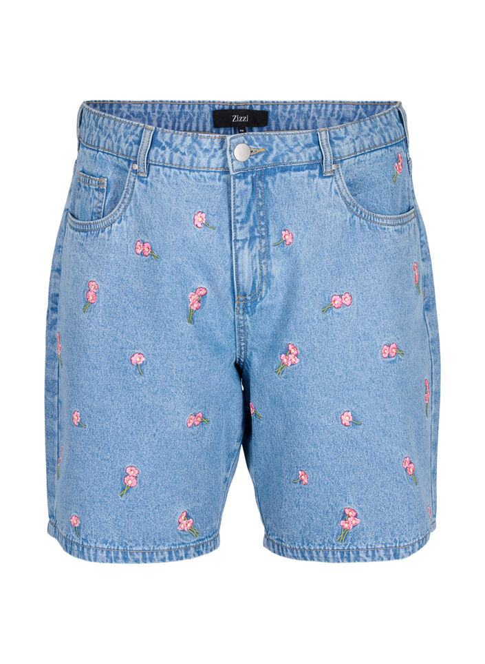 Shorts en jean avec des fleurs brod&eacute;es, Bleu Clair, Packshot image number 0