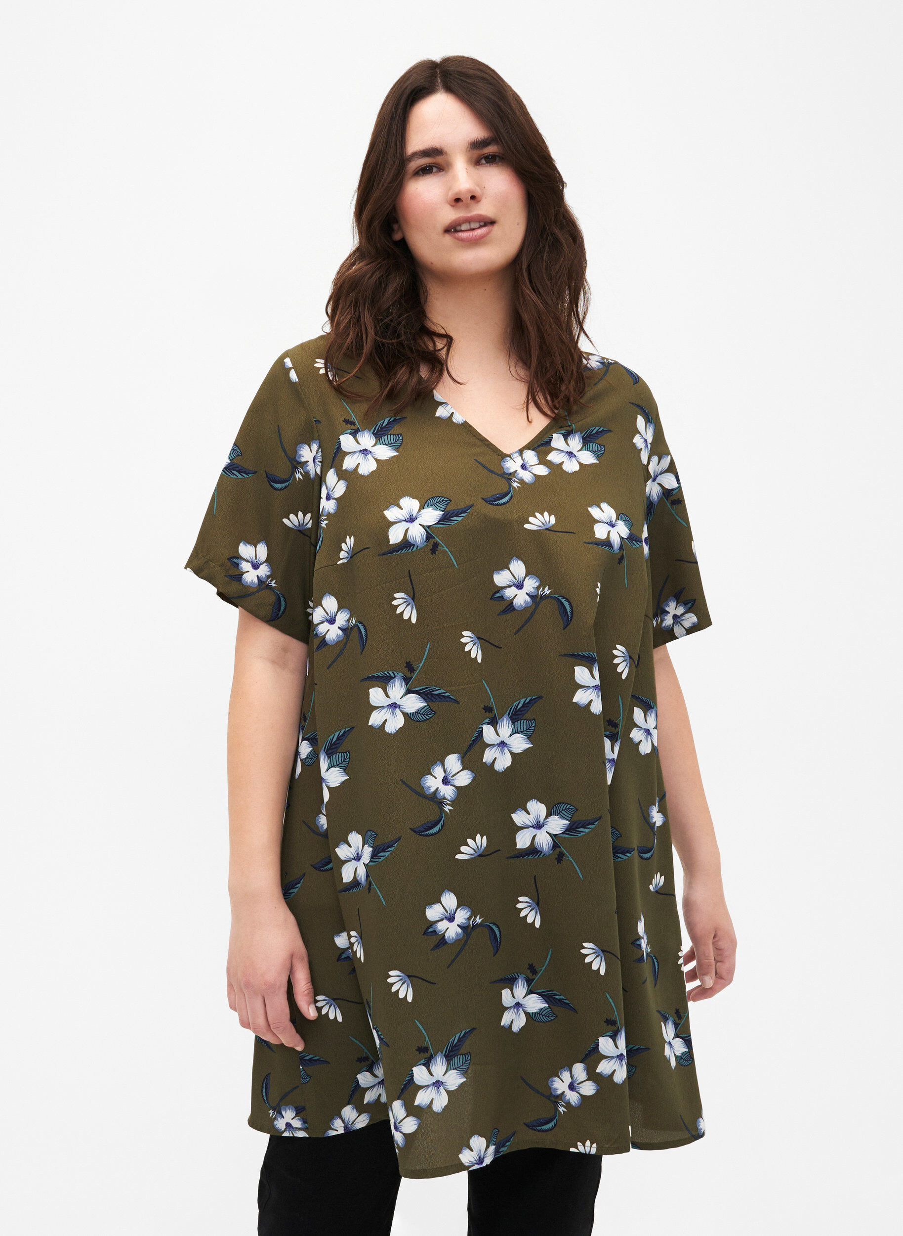 ZizziFLASH - Tuniek met v-hals en print, Olive Night Flower, Model image number 0