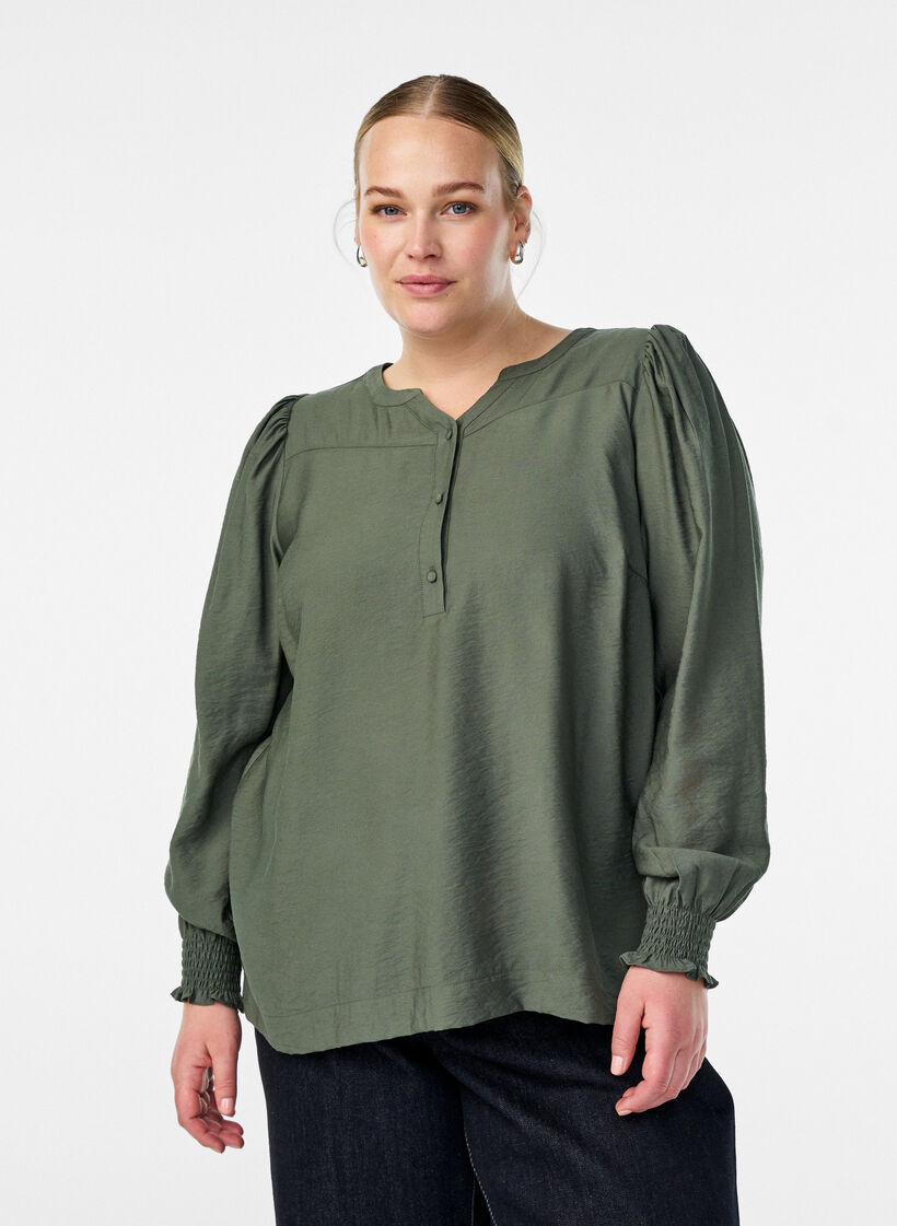 Blouse en viscose avec smock et d&eacute;tails fronc&eacute;s, Vert, Model image number 0