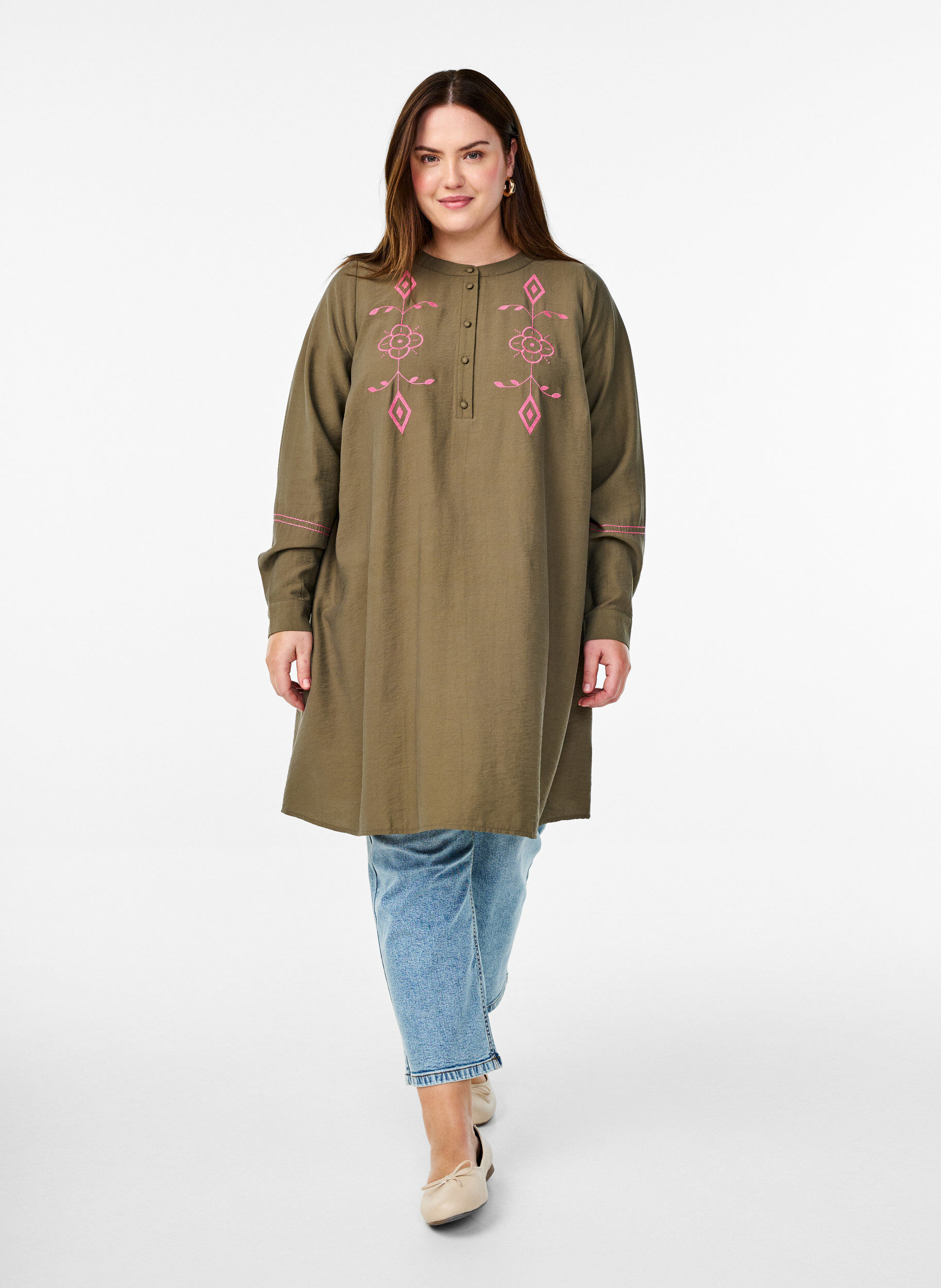 ZizziKorte jurk met contrasterend borduursel, Groen, Model image number 1