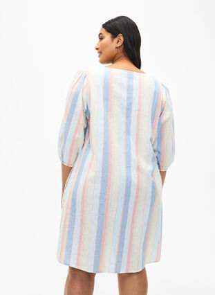 Robe courte en coton et lin mélangés, Multi Color Stripe, Model image number 1