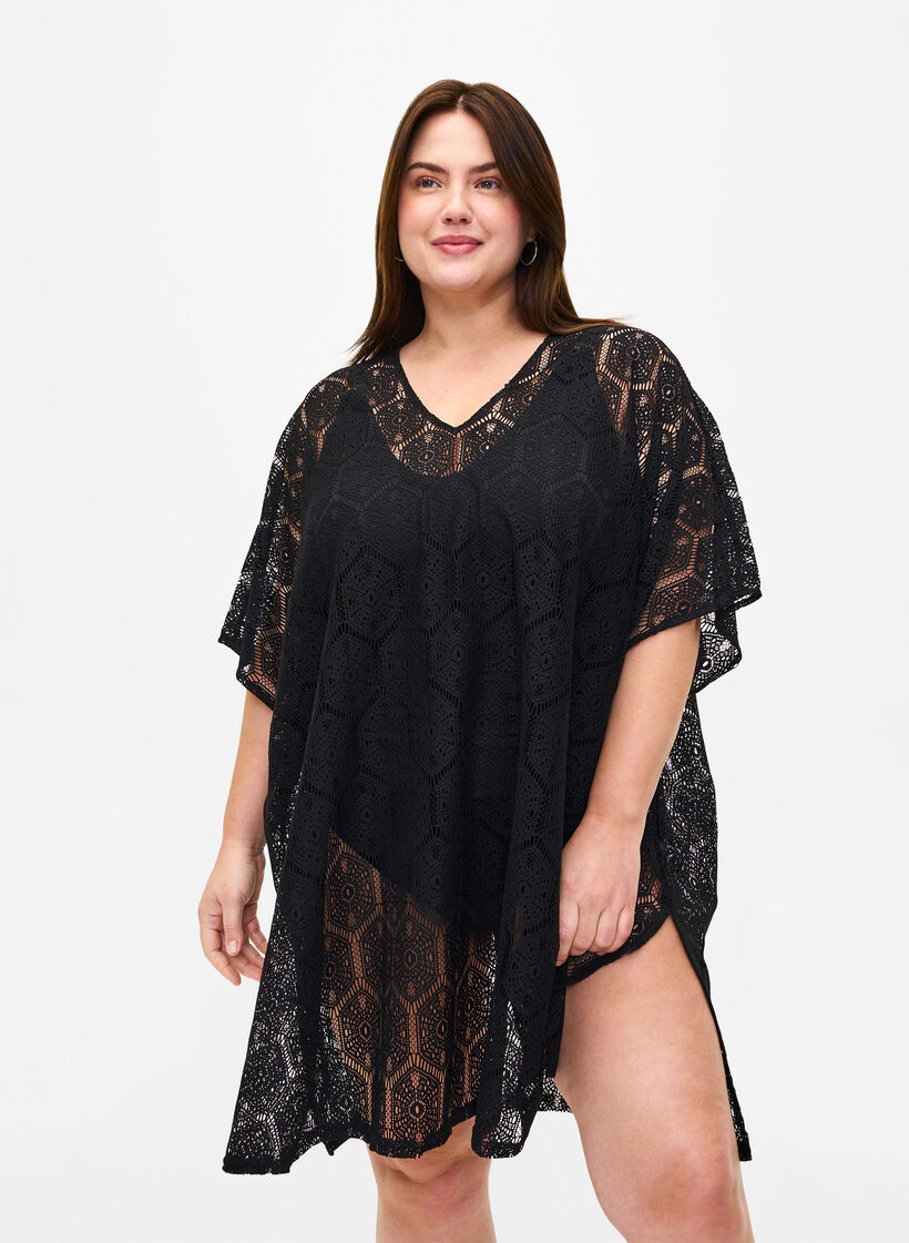 Robe de plage caftan avec motif à trous, Black, Model image number 0