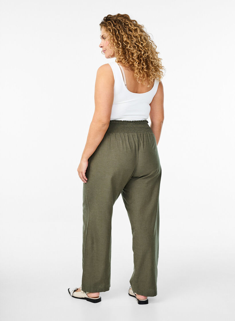 Pantalon smocké avec lin, Vert foncé, Model image number 1