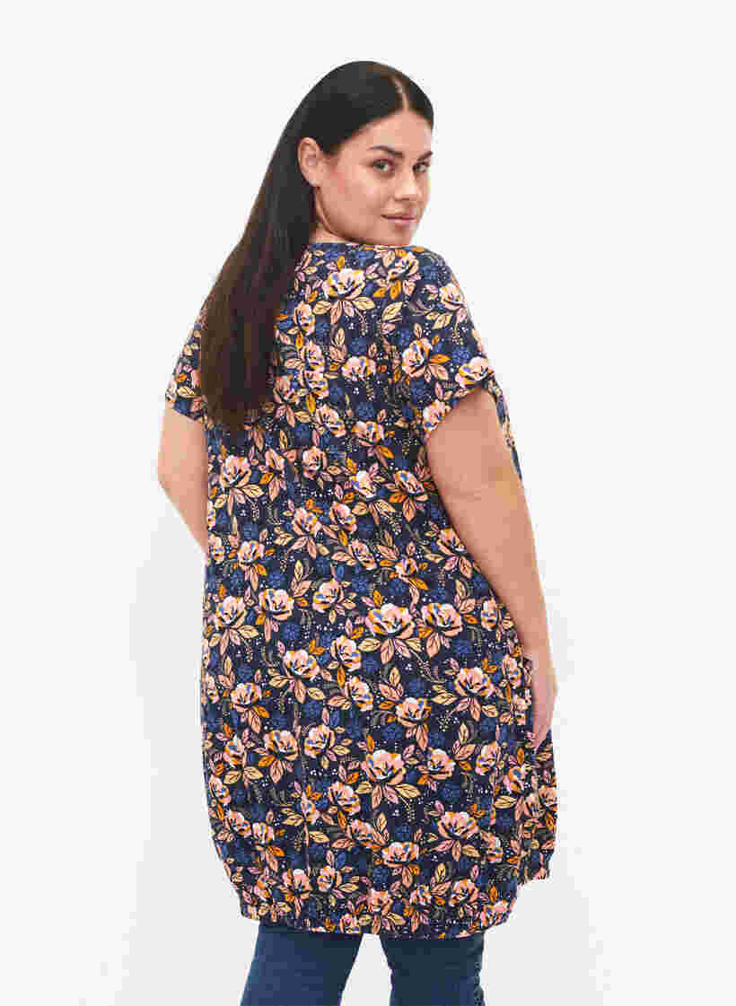 Robe en coton imprimé à manches courtes, Blue Orange Flower, Model image number 1