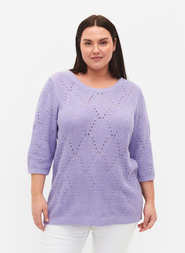 Chemisier en tricot avec manches 3/4 et motif de dentelle, Lavender, Model image number 0