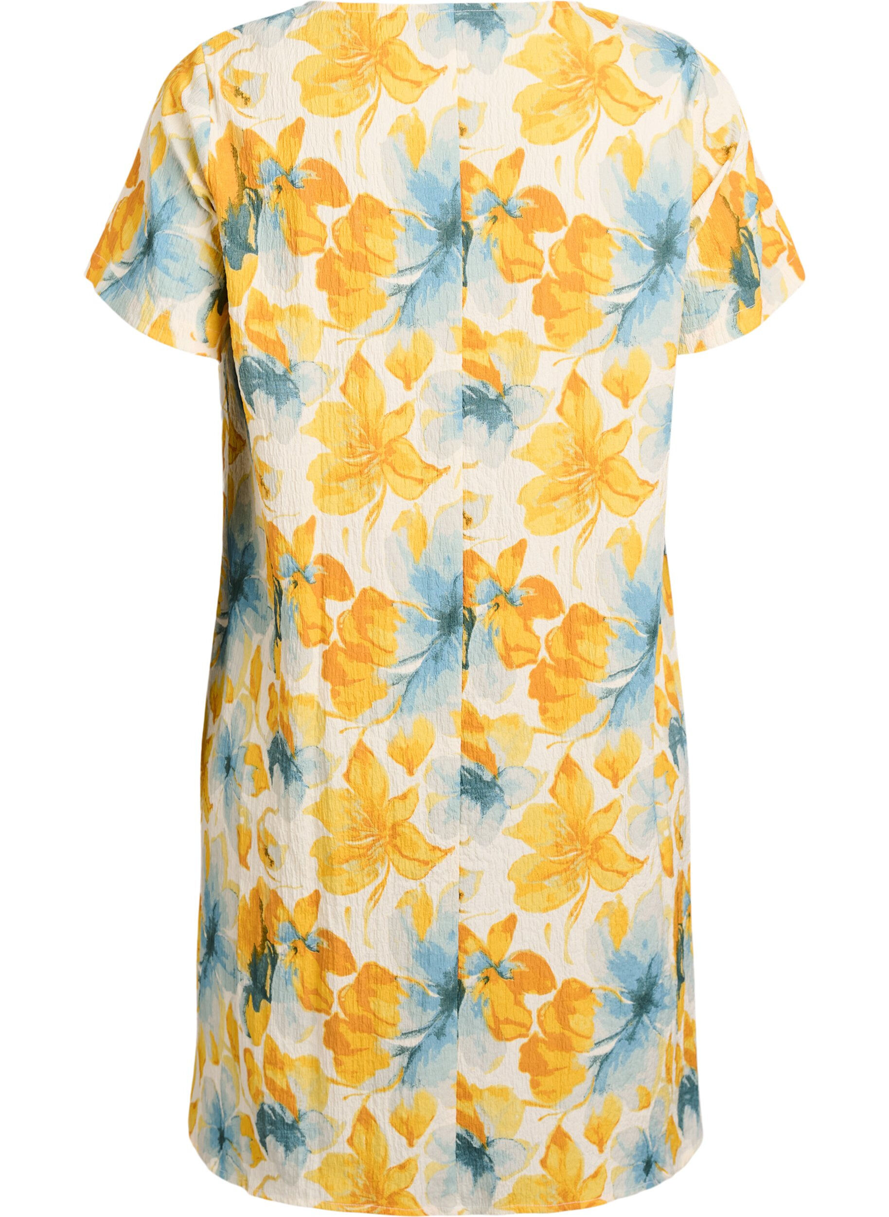 ZizziKorte jurk met een gekreukte textuur en korte mouwen, Geel, Packshot image number 1