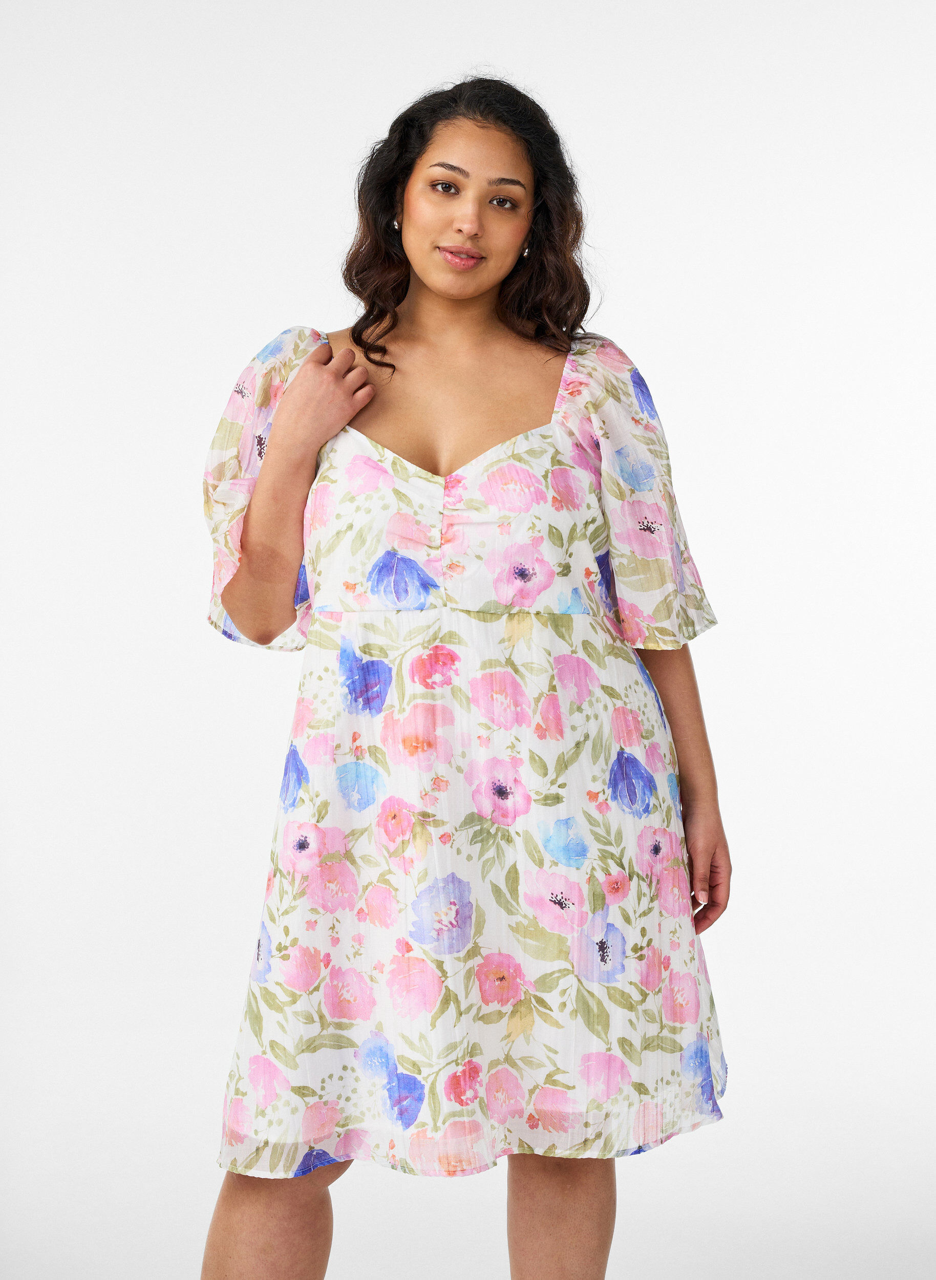 Robe empire &agrave; imprim&eacute; floral avec un large d&eacute;collet&eacute; en V, Blanc, Model