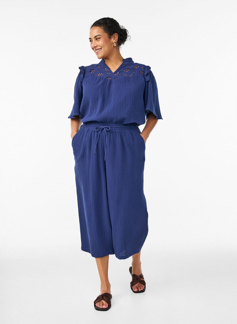 Pantalon culotte en mousseline de coton avec taille haute, Bleu, Model image number 0