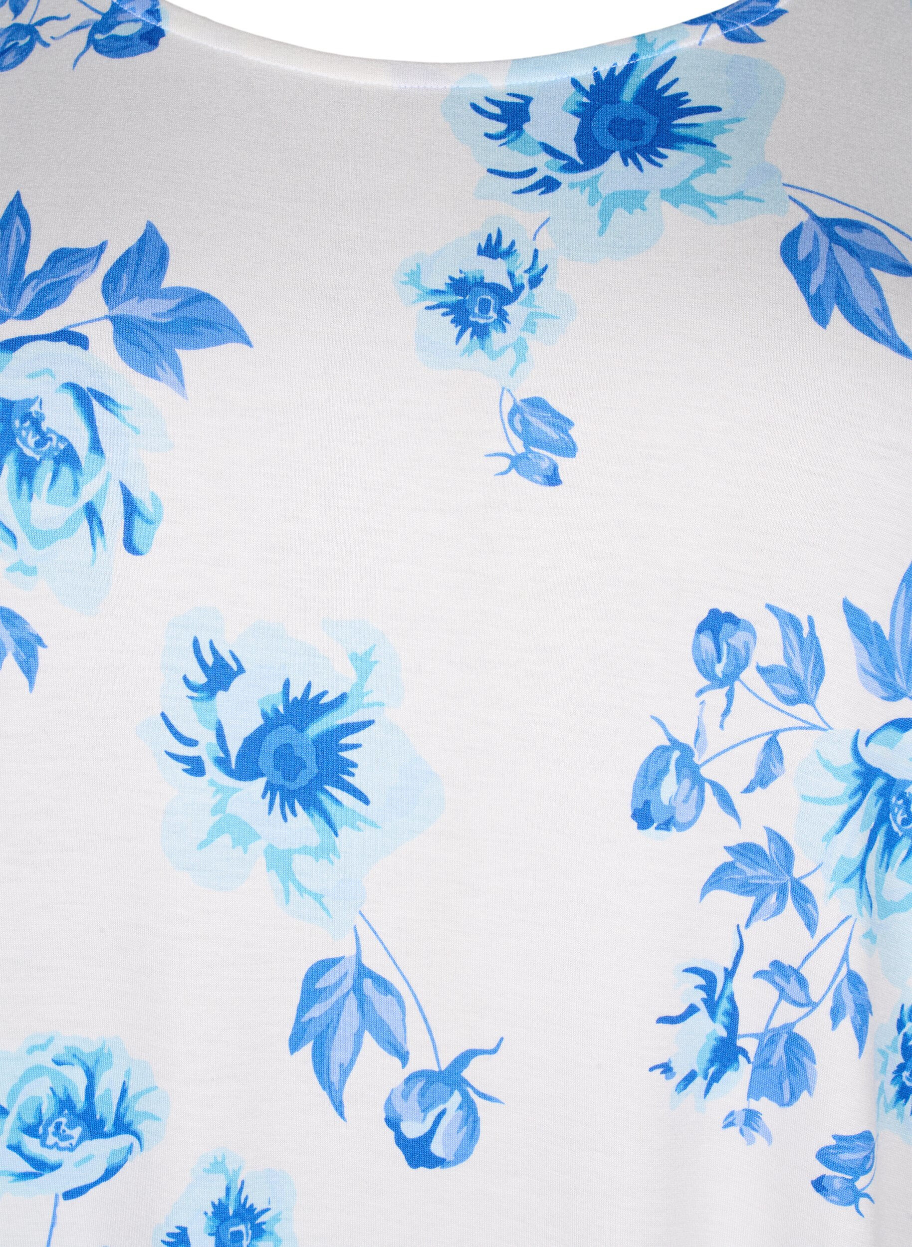 ZizziViscose blouse met korte mouwen en bloemen, White Blue AOP, Packshot image number 2