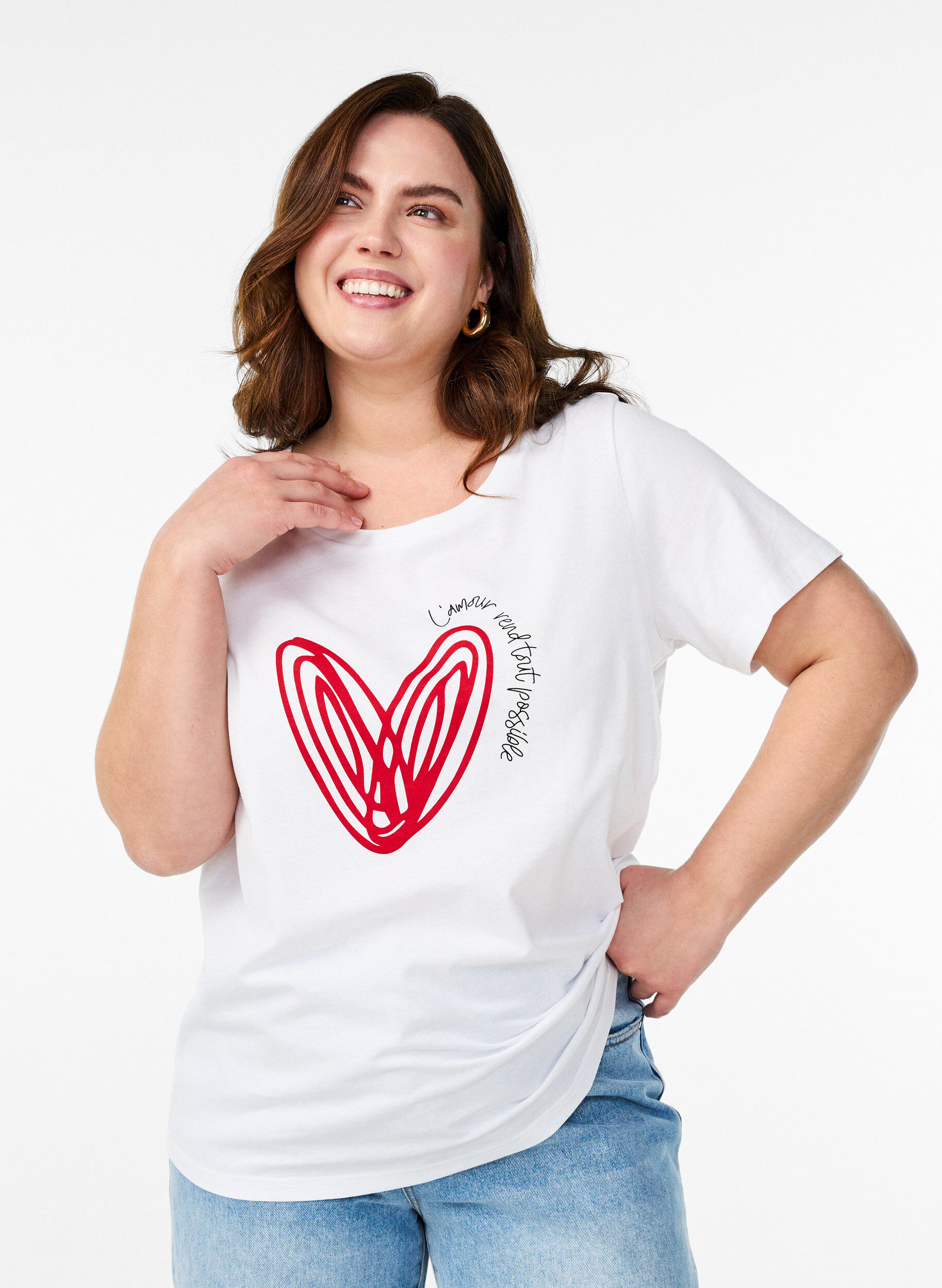 Zizzi T-shirt en coton avec motif, Bright W. w. Heart, Model image number 0