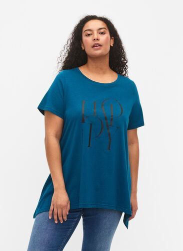 T-shirt en coton avec imprimé de texte, Blue Coral HAPPY, Model image number 0