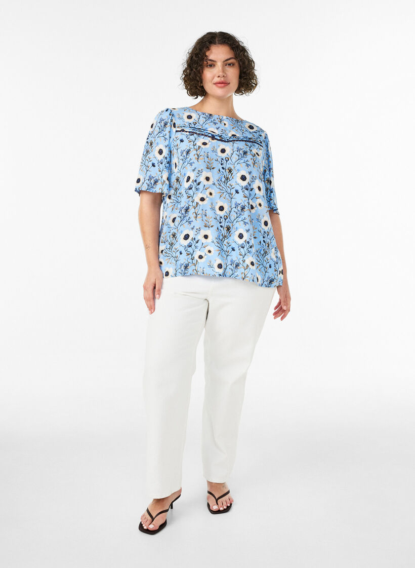 Bloemenblouse met korte mouwen, Blauw, Model image number 1