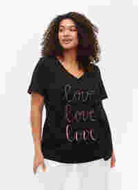 T-shirt en coton avec col en V et imprimé, Black W. Love, Model