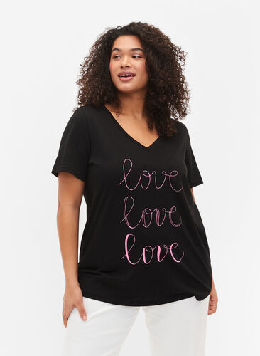 T-shirt en coton avec col en V et imprimé, Black W. Love, Model image number 0