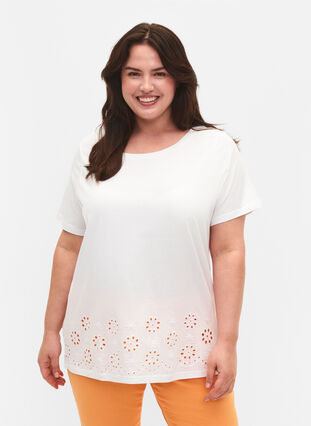T-shirt en coton avec broderie anglaise, Bright White, Model image number 0