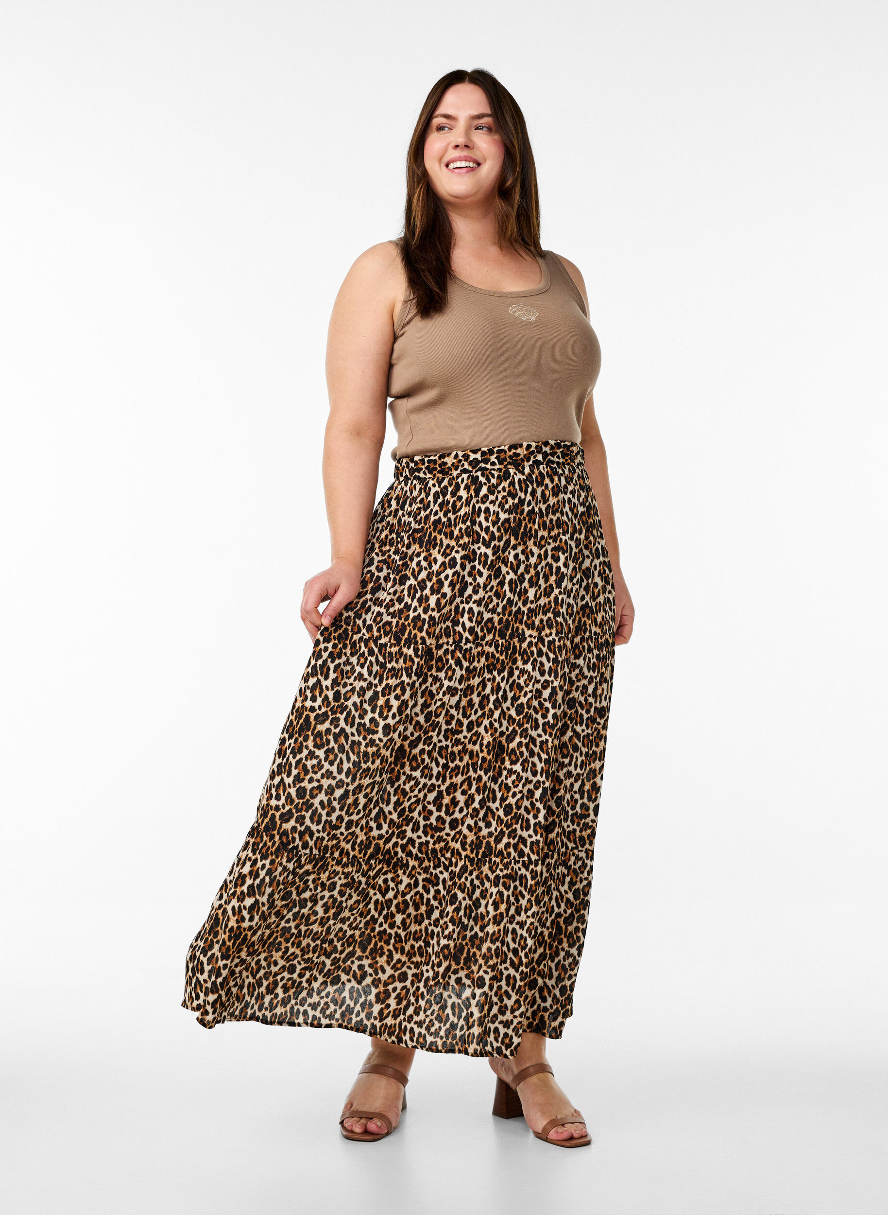 ZizziLange rok met elastiek in de taille, Bruin, Model image number 0