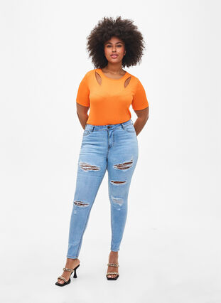 Aansluitende blouse met mesh detail, Vibrant Orange, Model image number 2