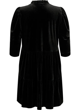Velour jurk met ruches en driekwart mouwen, Black, Packshot image number 1