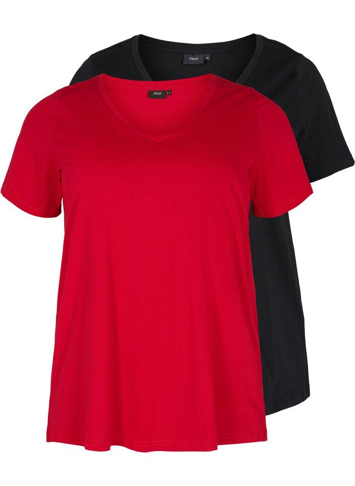 T-shirt basiques 2-pack en coton, Tango Red/Black, Packshot image number 0
