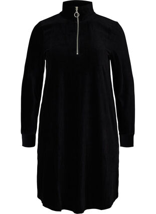 Velours jurk met hoge hals en ritssluiting, Black, Packshot image number 0