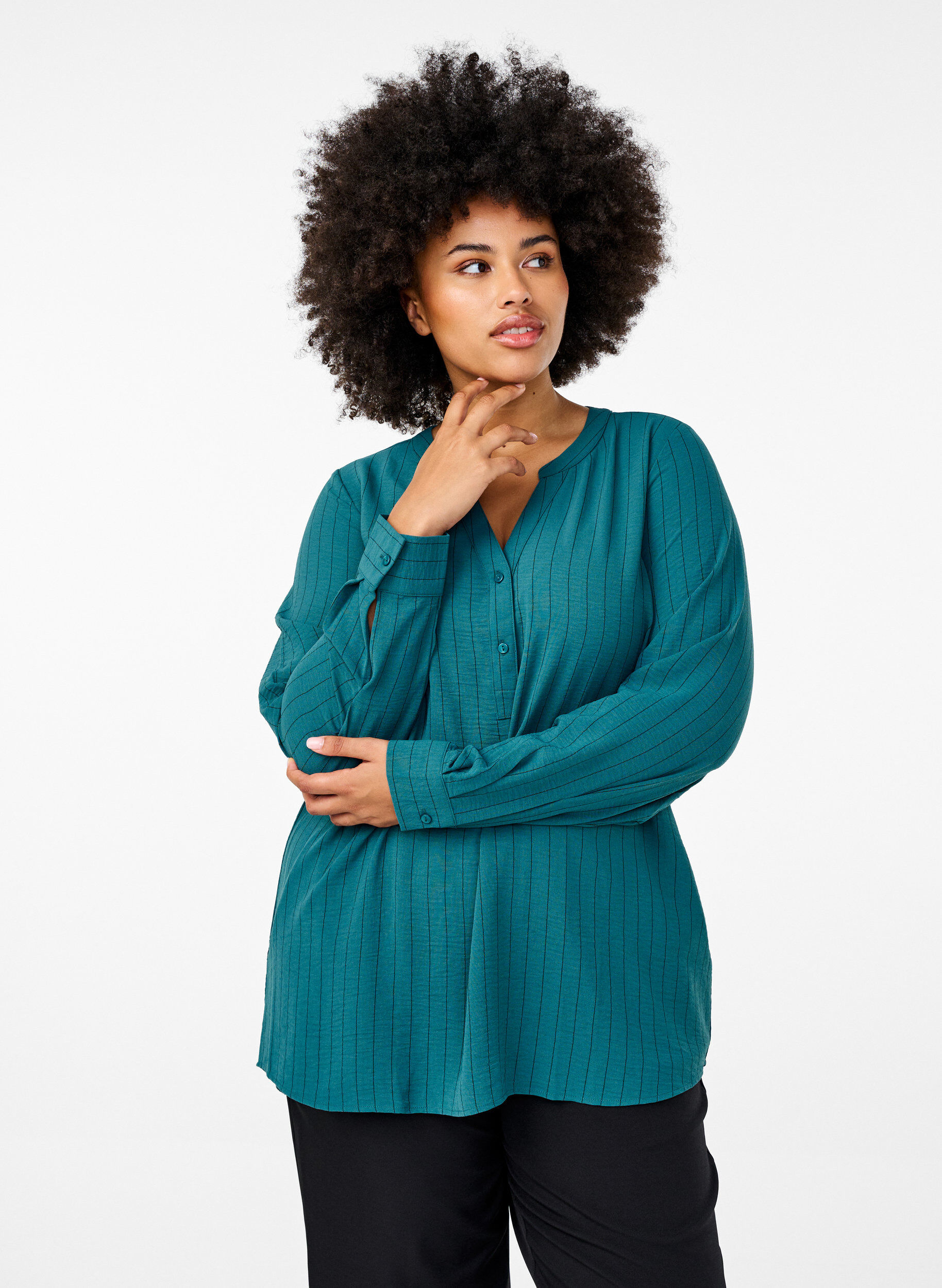 ZizziFLASH - Streepjes overhemdblouse, Groen, Model image number 0