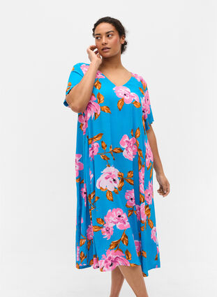 Robe midi en viscose avec imprimé floral, Blue Pink Flower, Model image number 0
