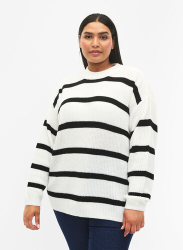 FLASH - Pull en tricot rayé, White/Black Stripe, Model image number 0