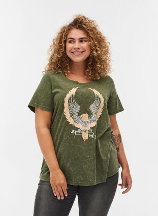 T-shirt en coton avec imprimé, Ivy Green ACID WASH, Model image number 0