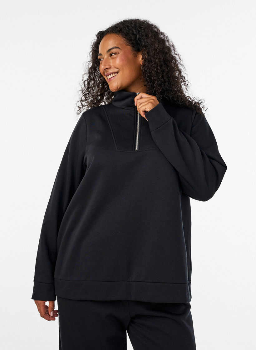 Sweat-shirt avec col montant et fermeture zipp&eacute;e, Noir, Model image number 0