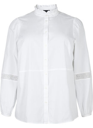 Overhemdblouse met ruches op de kraag en een gehaakte band, Bright White, Packshot image number 0