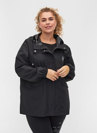 Veste de pluie pour sport à capuches avec poches, Black, Model image number 0
