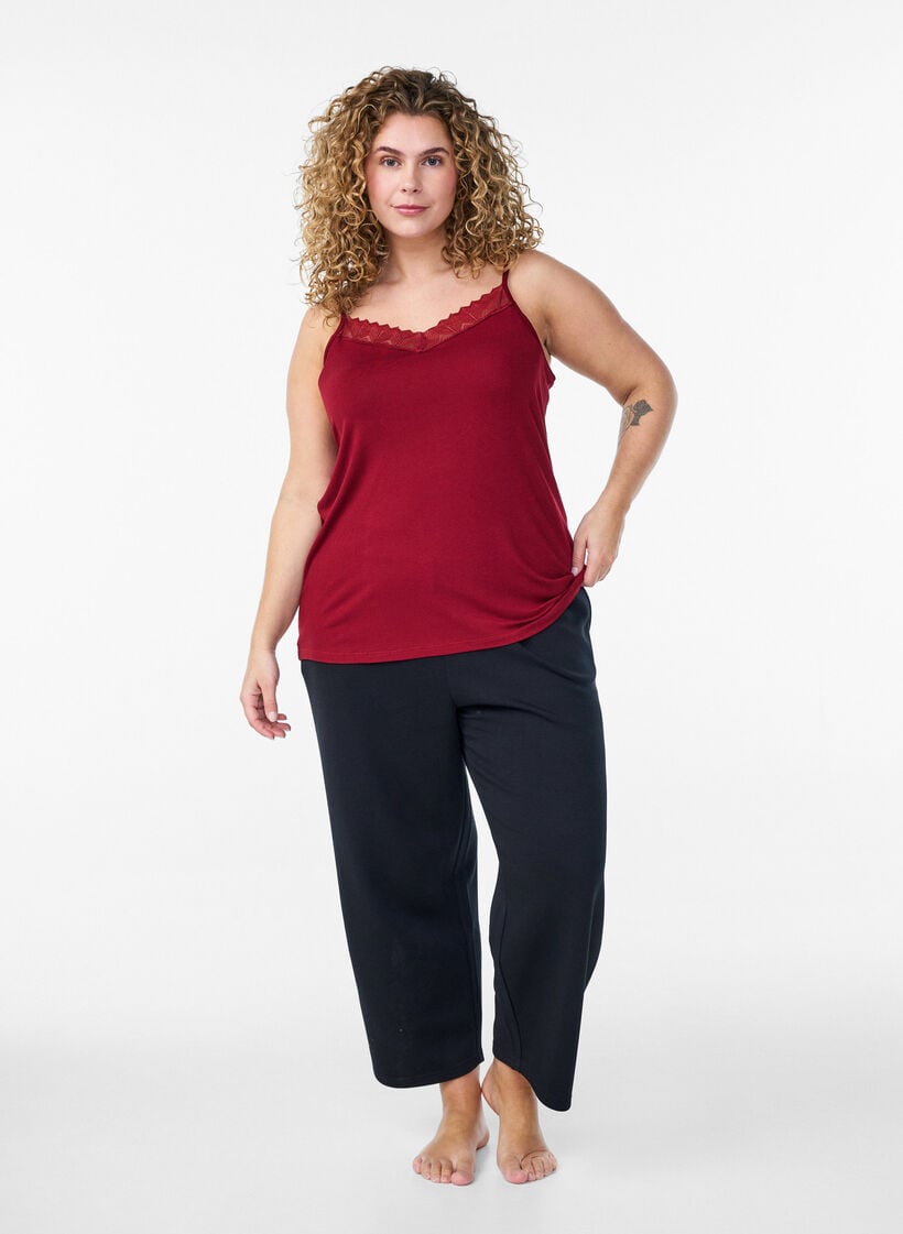 Top avec d&eacute;tails en dentelle et bretelles spaghetti, Marron, Model image number 1