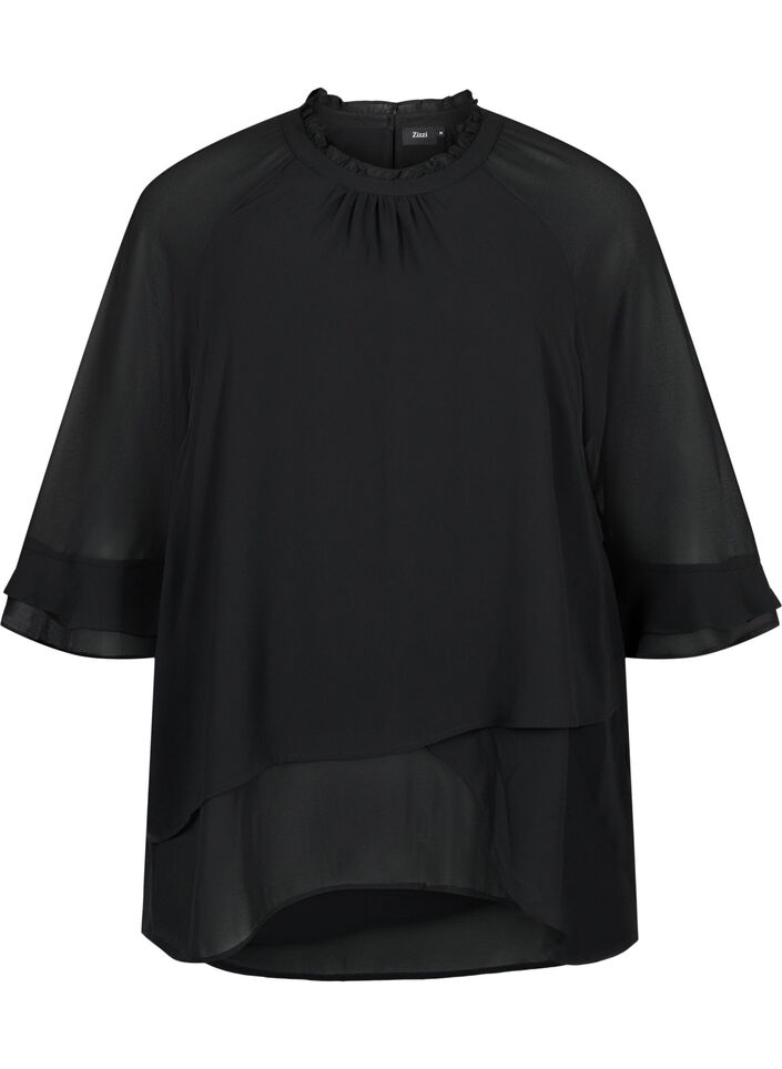 Blouse met asymmetrische onderkant en 3/4 mouwen, Black, Packshot image number 0