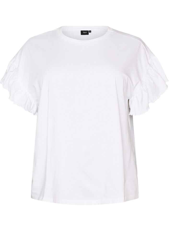 T-shirt van biologisch katoen met ruches mouwen, Wit, Packshot image number 0