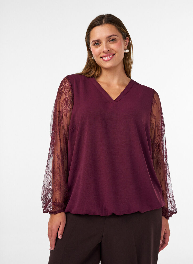 Blouse met kanten mouwen en ballonvorm, Rood, Model image number 0