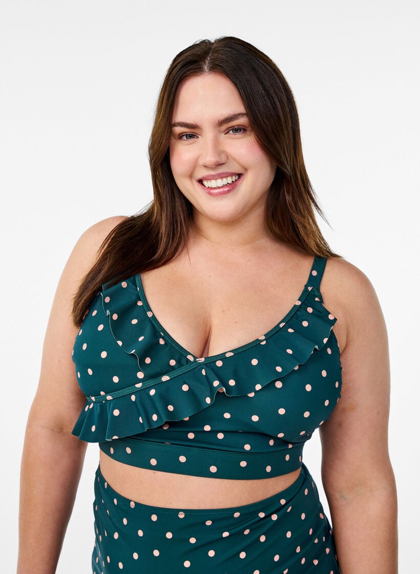 Bikinitop met stippen en ruches, Groen, Model image number 0