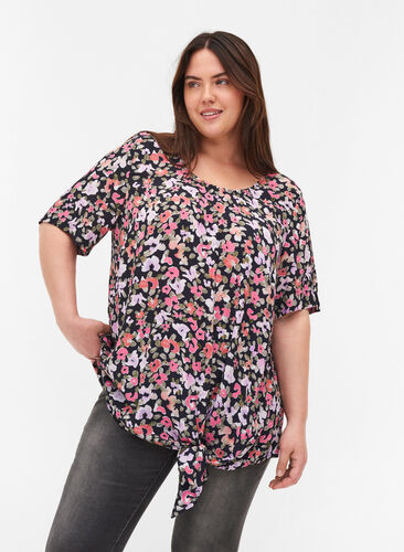 Viscose blouse met korte mouwen en bloemenprint, Flower AOP, Model image number 0