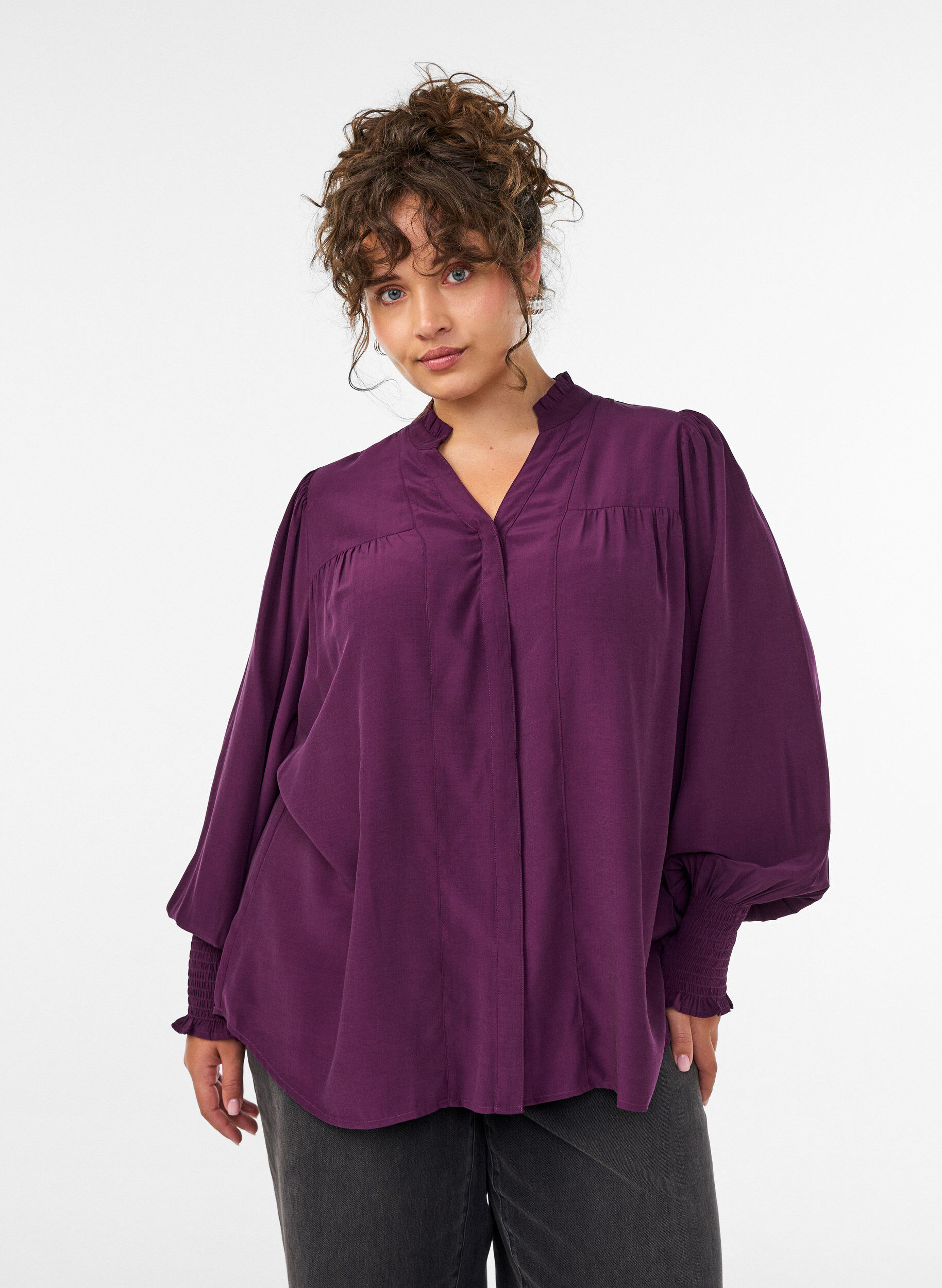 Blouse avec col &agrave; volants et fronces, Violet, Model