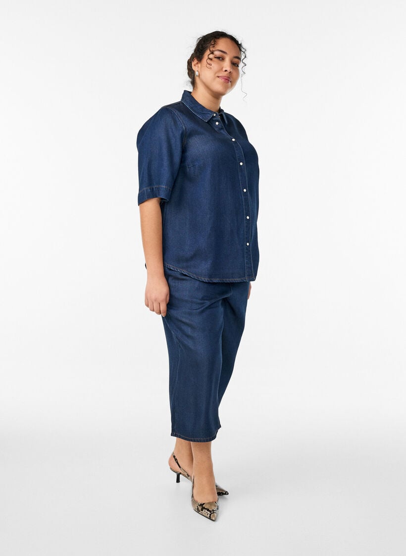 Lyocell culotte broek met wijde pijpen en denimlook, Blauw, Model image number 0