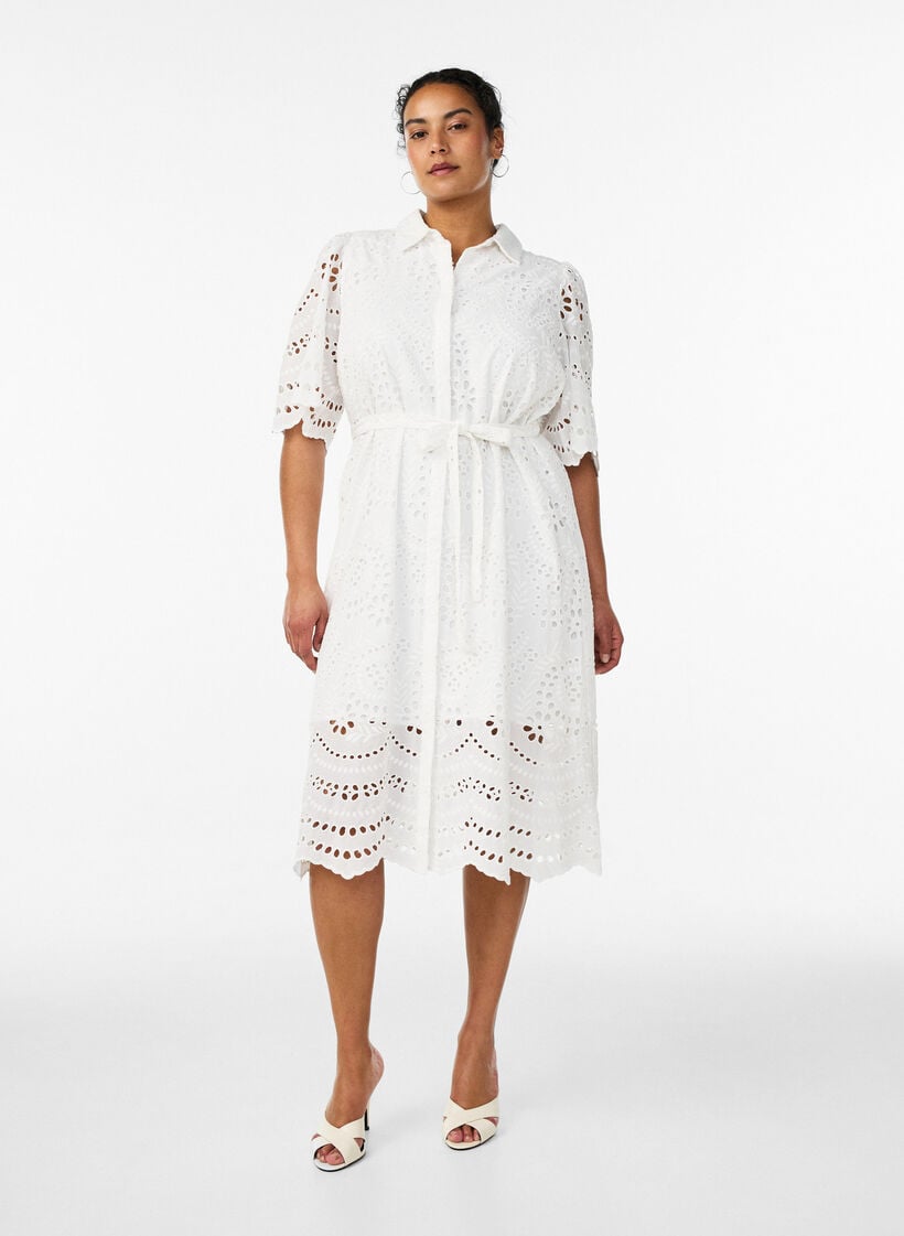 Robe chemise en broderie anglaise avec une ceinture &agrave; nouer, Blanc, Model image number 1