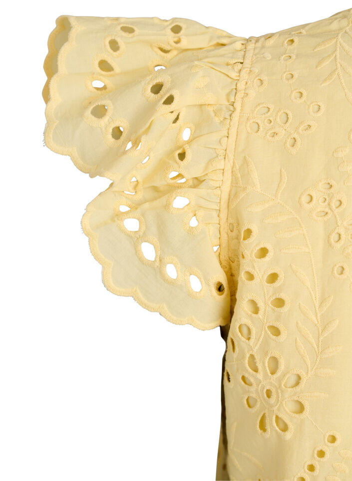 Broderie anglaise jurk met ruches mouwen, Geel, Packshot image number 3