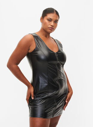 Kunstleren jurk met rits, Black, Model image number 0