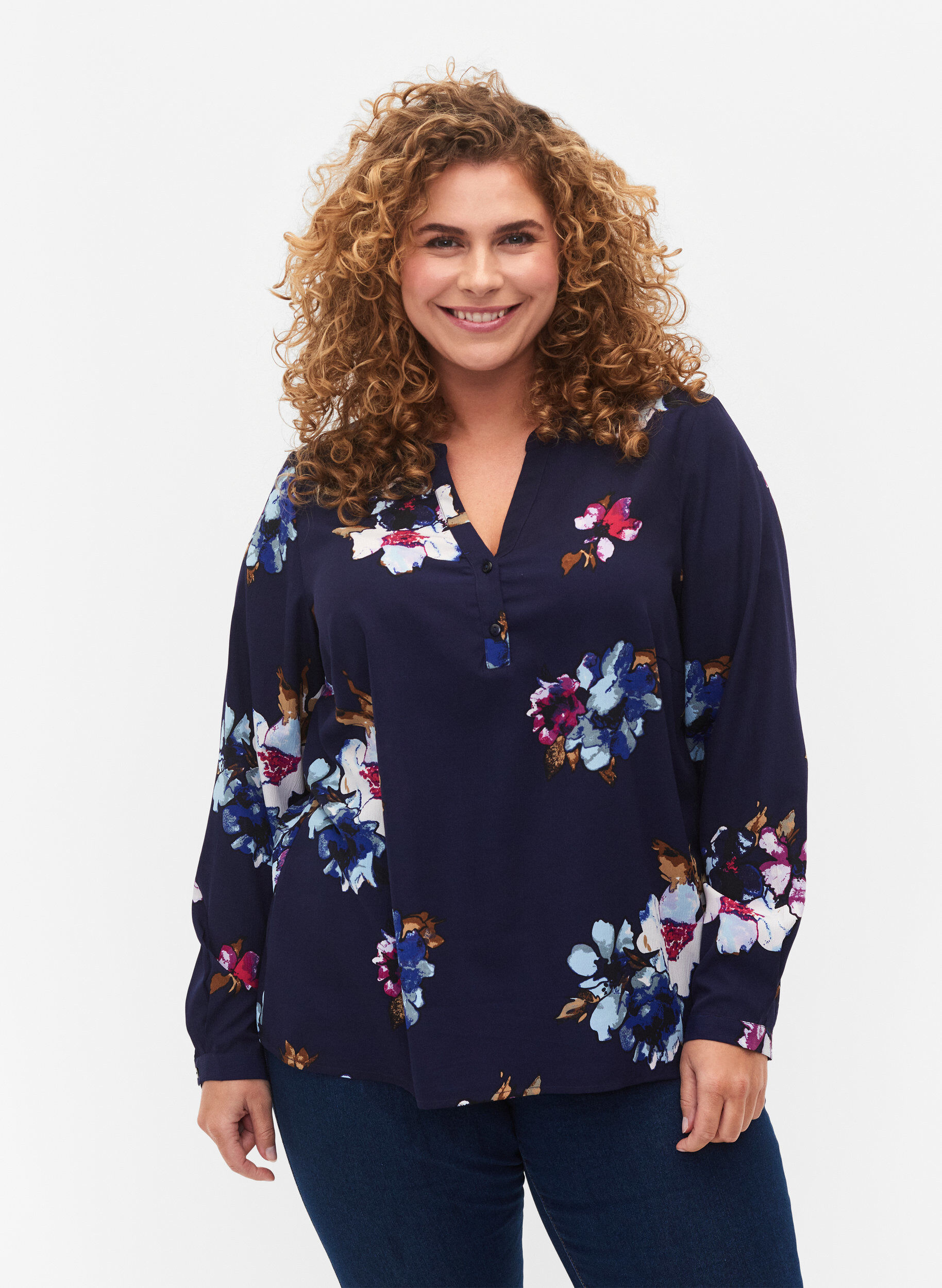 ZizziFLASH - Blouse met lange mouwen en print, Big Blue Flower, Model image number 0