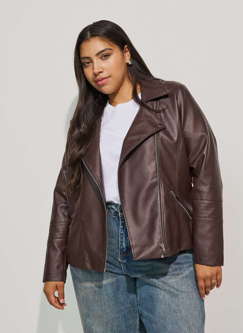 Veste biker en similicuir, Marron, Model image number 3