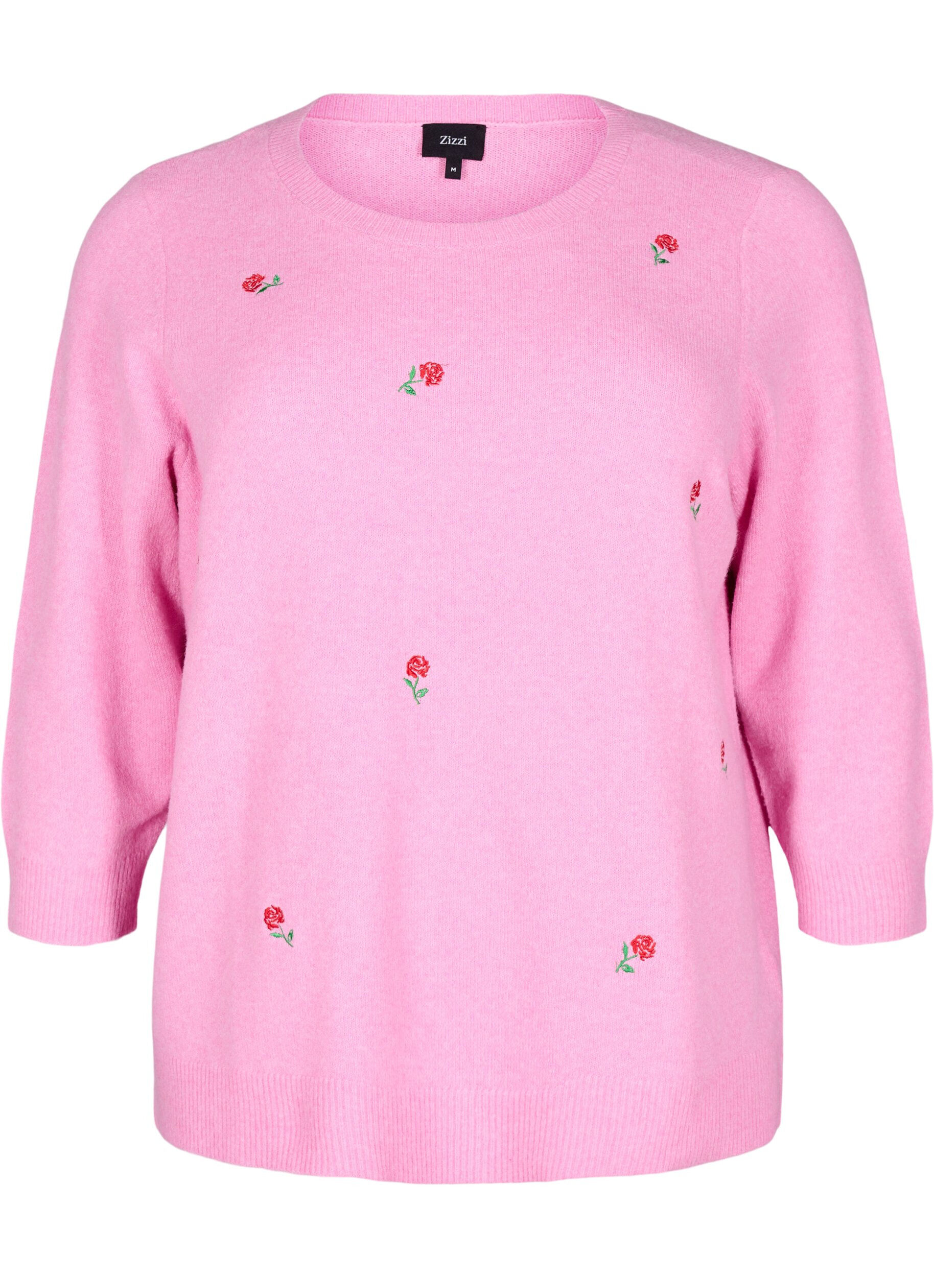 ZizziGebreide blouse met bloemen en 3/4 mouwen, Begonia Pink Mel., Packshot image number 0